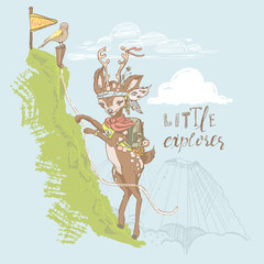 Cute deer climbing on a mountains with a backpack. Deer (fawn) little traveller, adventurer. Kids illustration