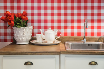 Wooden counter top with washbasin