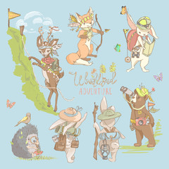 Set of cute, hand drawn woodland (forest) animals - woodland adventurers. Deer, fox, bunnies, hedgehog and bear, birds and butterflies. Travel, sport, summer camp