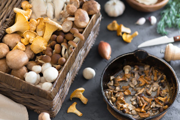 Top view of preparation and frying of edible wild mushrooms, food photo. Mix of chanterelle, portobello, shiitake in Cast-iron pan. Cooking with spices, butter, parsley, onion, leek, garlic.