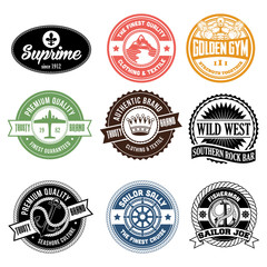 Set of classic company retro or old, vintage badges or banners, sign or logotype, labels and stickers with crown and star, ship steering wheel and anchor, glasses and moustache, laurel wreath