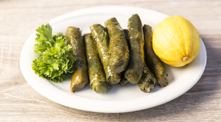 stuffed leaves on the plate with vegetable for service for restaurant concept from Turkey.