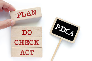 Hand picking the wooden toy with words about PDCA that is four steps management method: PLAN, DO, CHECK and ACT for control and continual improvement of business concept on white background