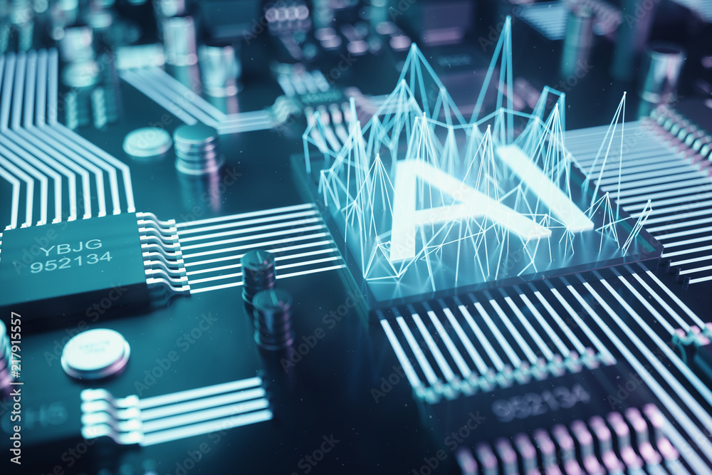 Poster 3d illustration abstract artificial intelligence on a printed circuit board. technology and engineer