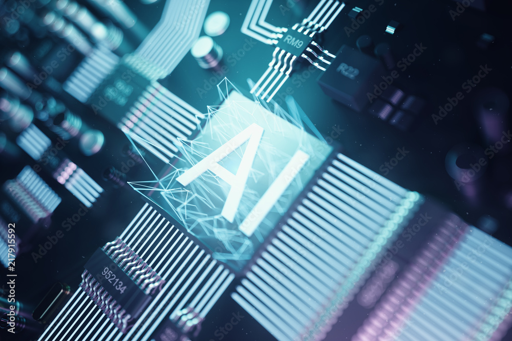Poster 3d illustration abstract artificial intelligence on a printed circuit board. technology and engineer