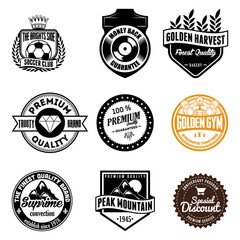 Set of classic company retro or old, vintage badges or banners, sign or logotype, labels and stickers with crown and star, ship steering wheel and anchor, glasses and moustache, laurel wreath