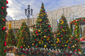 Christmas trees on the Manezhnaya Square. Moscow, Russia.
