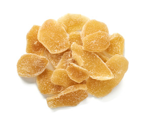 Dried sweet ginger with sugar isolated on a white background. Top view.