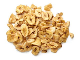 Banana chips slices isolated on a white background. Top view.