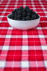 Vertical bowl of fresh picked blackberries, white ceramic bowl, red and white plaid tablecloth