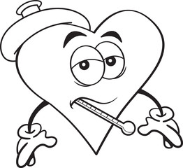 Black and white illustration of a sick heart with a thermometer.
