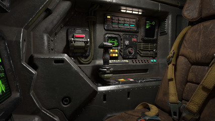 Science fiction pilot's seat in the cockpit. Futuristic spaceship cockpit. Old brown leather pilot seat with yellow safety belts. Sci-fi space fighter craft cockpit. Mech Pilot's seat. 3d rendering. © roman3d