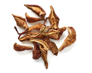 Dried pear, apple isolated on white background. Top view.
