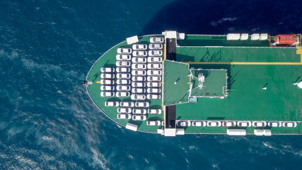 Aerial image of a Large RoRo (Roll on/off) Vehicle carrie vessel cruising the Mediterranean sea