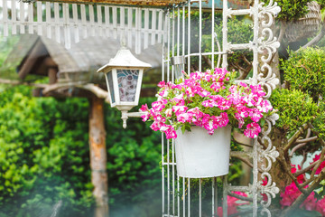 Beautiful colorful lantern and decorative flower pot at summer garden