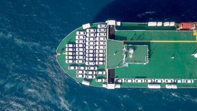 Aerial Image Of A Large RoRo (Roll On/off) Vehicle Carrie Vessel Cruising The Mediterranean Sea