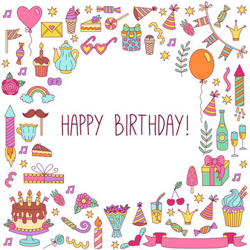 Bithday doodle icons greeting card template