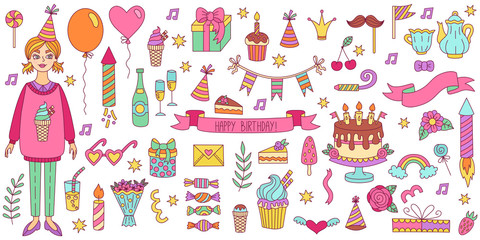 Birthday doodle icons vector set