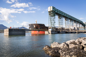 Large cargo ship stationed at a grain terminal in Vancouver.