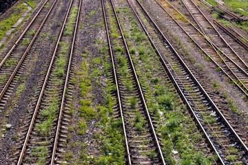 Obraz premium Railway or railroad tracks for train transportation View from above