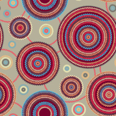 Fototapeta premium Abstract Seamless Ethnic Style Circle Simple Color Vector Needlework Background, Ornamental Round Geometric Knitted Pattern.