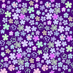 Fototapeta na wymiar Vector seamless floral pattern of set of small bright decorative flowers on an ultra violet background