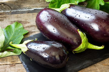 Fresh healthy raw Purple Eggplant on a kitchen wooden table. The concept of Diet menu.
