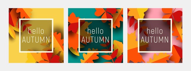 Hello autumn greeting card template set. Fall illustration with paper cut orange, red and yellow leaves.