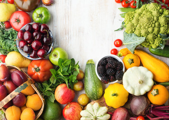 Healthy eating, summer fruits vegetables berries, cherries peaches broccoli squash tomatoes plums beans beetroot, copy space, top view, selective focus