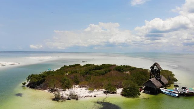 Aerial shot of Isla de la Pasion near Isla Holbox on a sunny day, Mexico