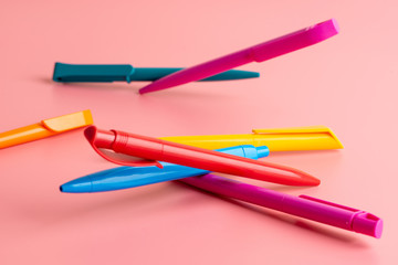color pen on pink background Back to school Education with copy space colorful