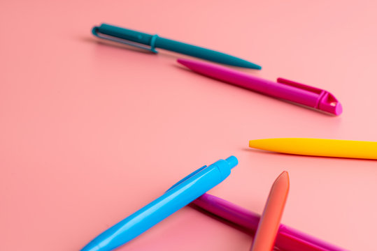 color pen on pink background Back to school Education with copy space colorful