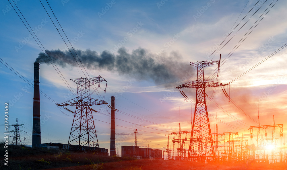 Wall mural thermal power stations and power lines during sunset