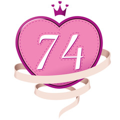 Pink Heart with a Crown, Ribbon and Number 74