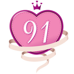 Pink Heart with a Crown, Ribbon and Number 91