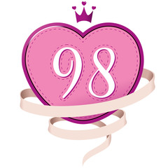 Pink Heart with a Crown, Ribbon and Number 98