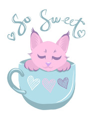 Cute cat in cup color vector illustration. Pink kitty with handwritten glitter lettering. Girl cat with big eyes and paws on color background. Greeting card template for cat-owners