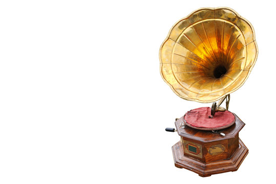 Retro gramophone isolated on white background. Free space for text.