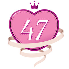 Pink Heart with a Crown, Ribbon and Number 47