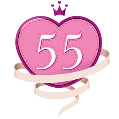 Pink Heart with a Crown, Ribbon and Number 55