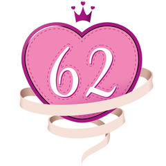 Pink Heart with a Crown, Ribbon and Number 62