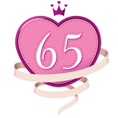 Pink Heart with a Crown, Ribbon and Number 65