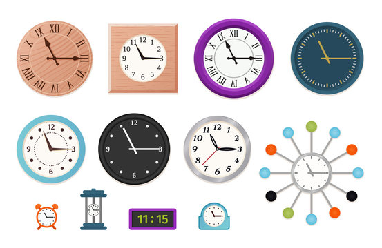 Wall clock. Vector. Set wall, table and alarm clocks isolated on white background. Colorful cartoon illustration in flat design.