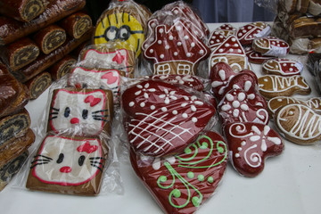 Souvenir gingerbread of different shapes on one of the agricultural markets in Sighisoara, Romania.