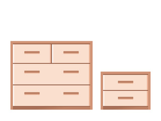 Drawer chest, dresser, bedside table. Vector. Wooden furniture icon in flat design. House equipment for living room and bedroom isolated on white background. Cartoon illustration.