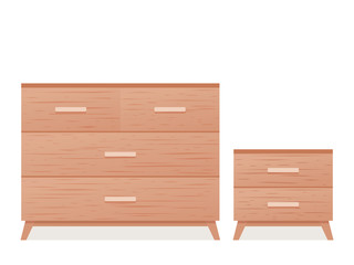 Drawer chest, dresser, bedside table. Vector. Wooden textured furniture icon in flat design. House equipment for living room and bedroom isolated on white background. Cartoon illustration.