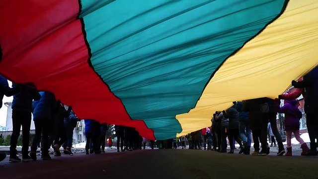 A huge national flag during the Day of Re-establishment of the State of Lithuania