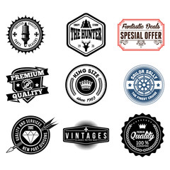 Set of classic company retro or old, vintage badges or banners, sign or logotype, labels and stickers with crown and star, ship steering wheel and anchor, glasses and moustache, laurel wreath