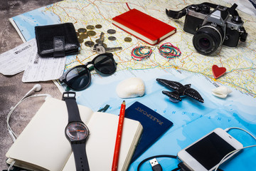 Outfit of traveler. Overhead view of Traveler's accessories. Travel concept background. Trip plan.