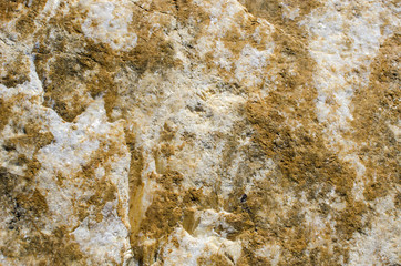 The cleavage of white calcite with veins and yellow limonite films